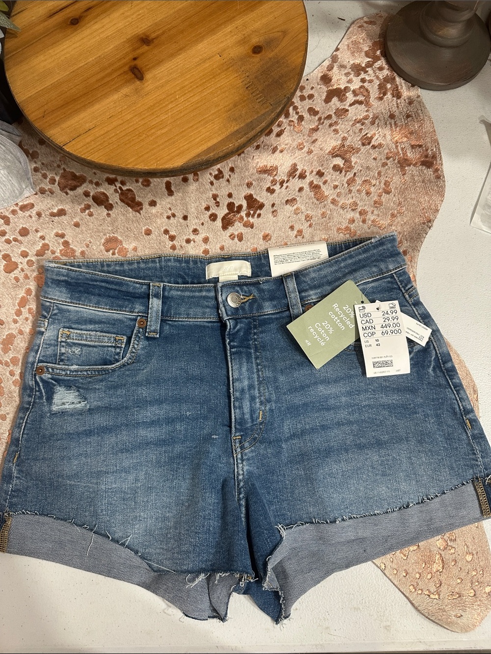 H&M Blue Rolled Hem Distressed Denim Shorts